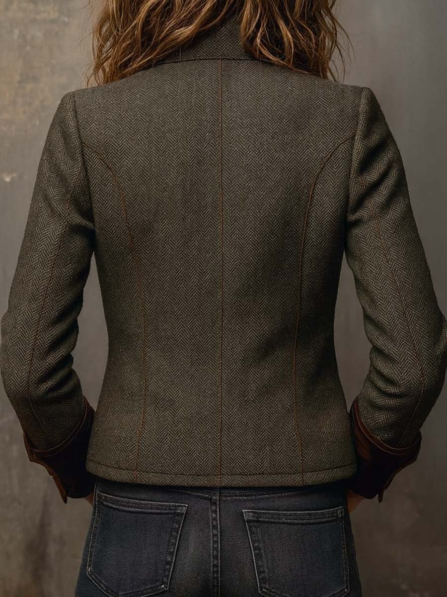 Honorine | Vintage Herringbone Blazer with Contrast Piping