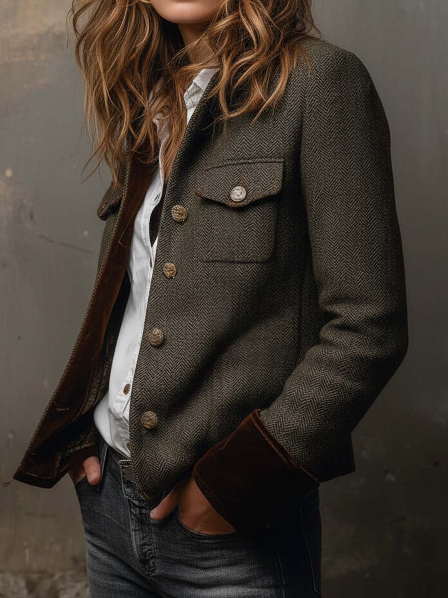 Honorine | Vintage Herringbone Blazer with Contrast Piping