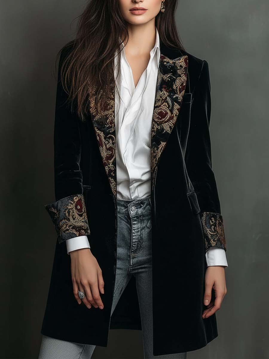 Léontine | Black Baroque Print Fitted Blazer