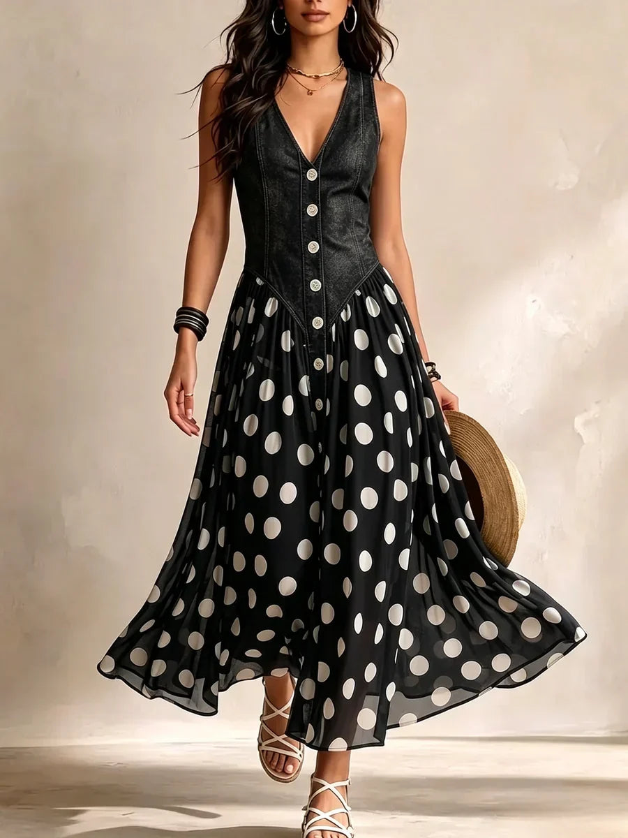 Adeline | Denim Maxi Dress with Polka Dots