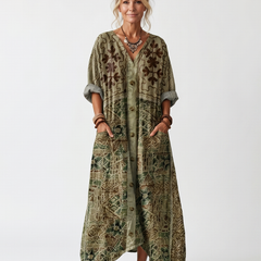 Aleta button front oversized pocket midi dress - Green