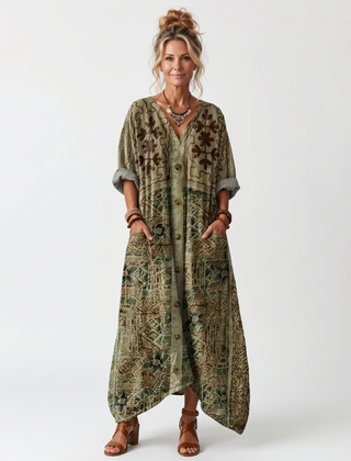 Aleta button front oversized pocket midi dress - Green