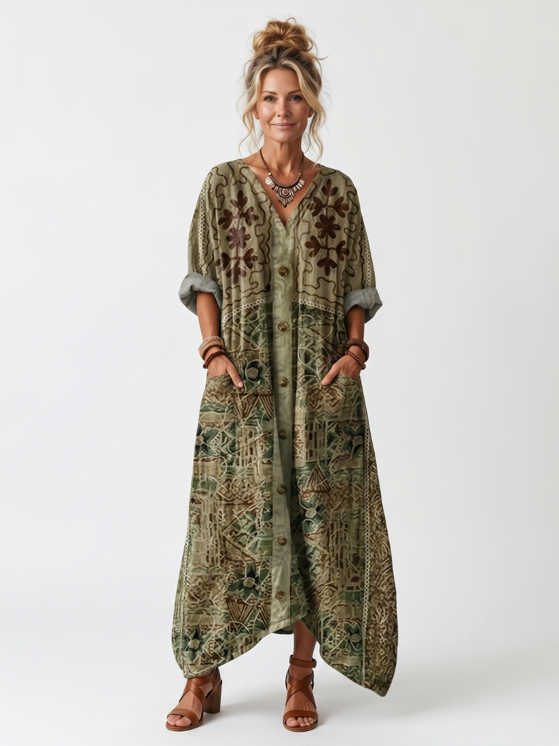 Aleta button front oversized pocket midi dress - Green