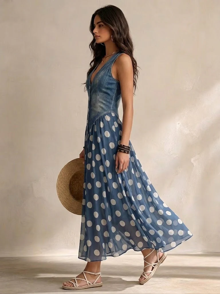Adeline | Denim Maxi Dress with Polka Dots