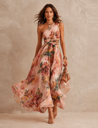 Celeste one-shoulder floral maxi - Pink