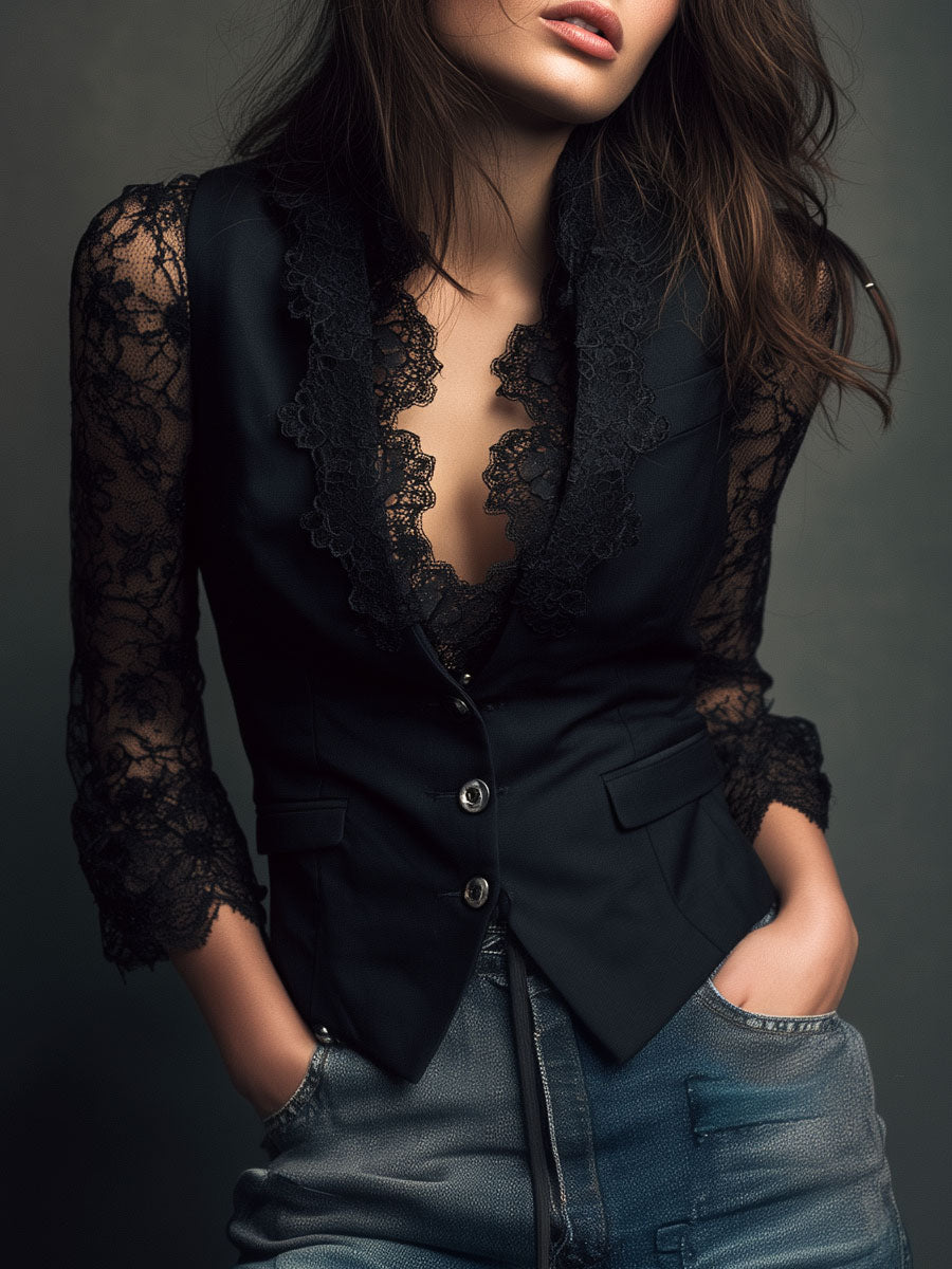 Noémie | Black Blazer Top with Sheer Sleeves