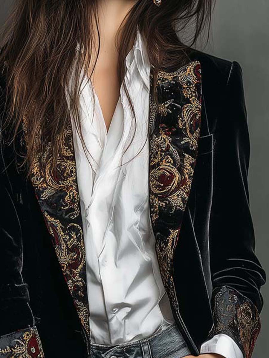 Léontine | Black Baroque Print Fitted Blazer