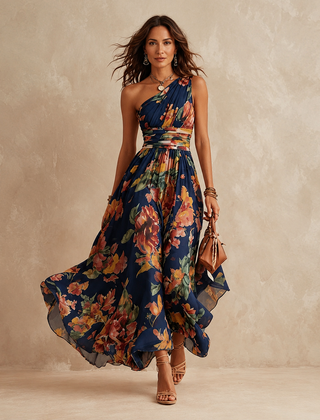 Celeste one-shoulder floral maxi - Navy
