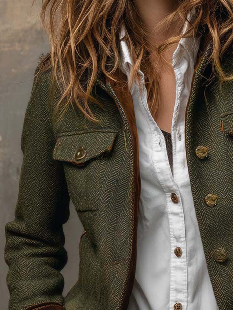 Honorine | Vintage Herringbone Blazer with Contrast Piping