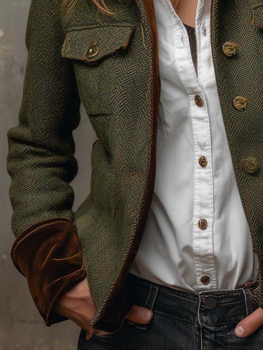 Honorine | Vintage Herringbone Blazer with Contrast Piping