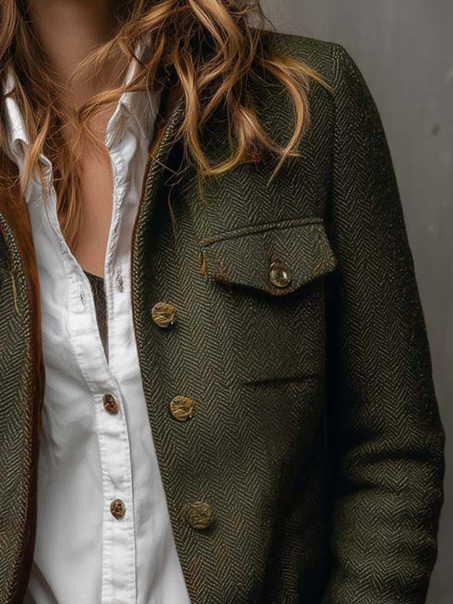 Honorine | Vintage Herringbone Blazer with Contrast Piping