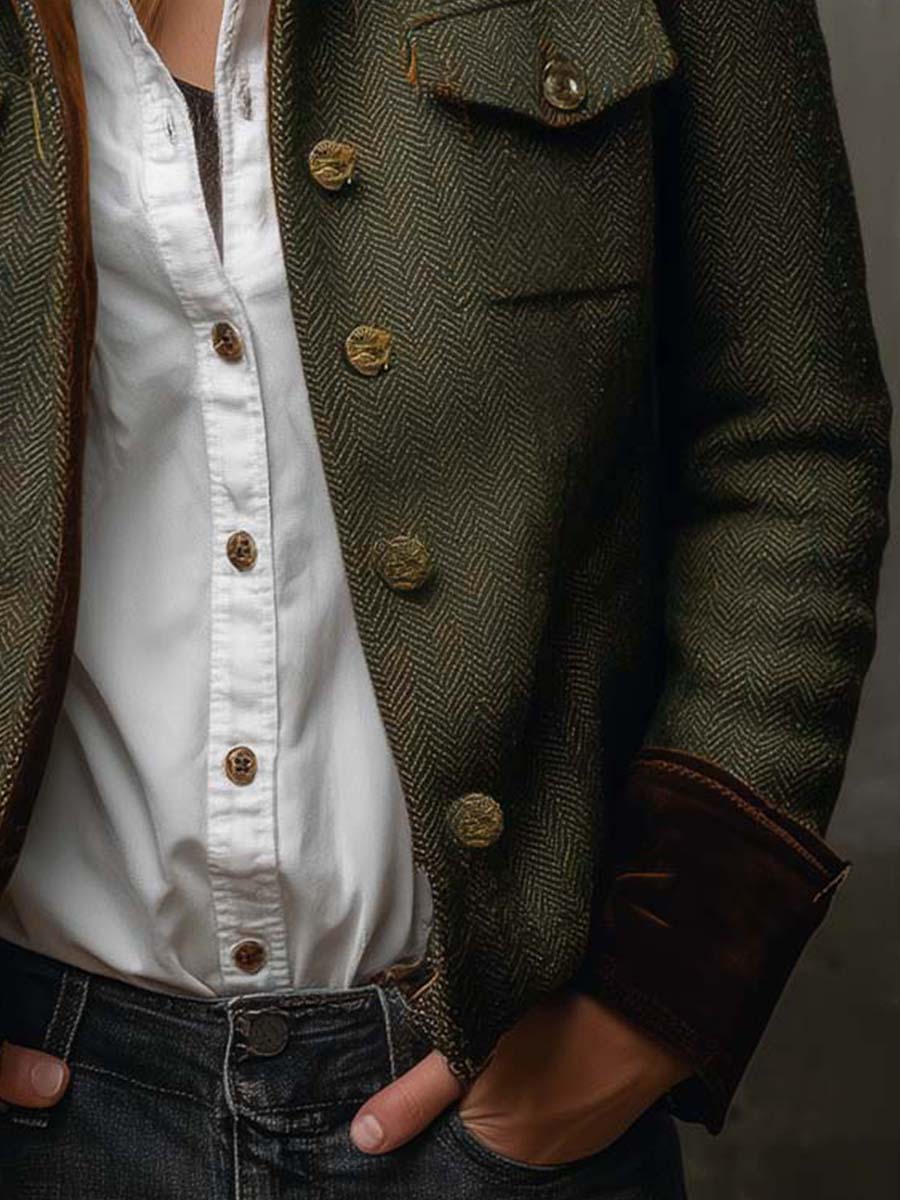 Honorine | Vintage Herringbone Blazer with Contrast Piping