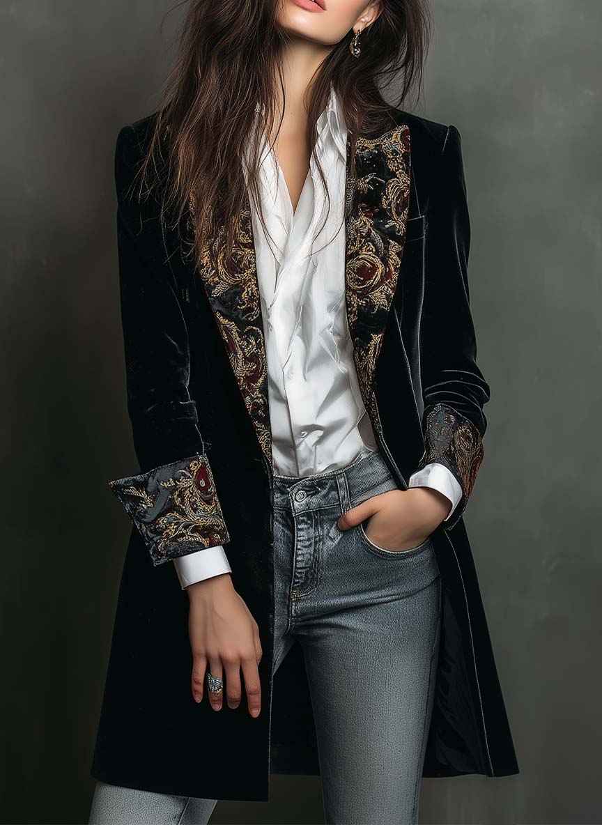 Léontine | Black Baroque Print Fitted Blazer