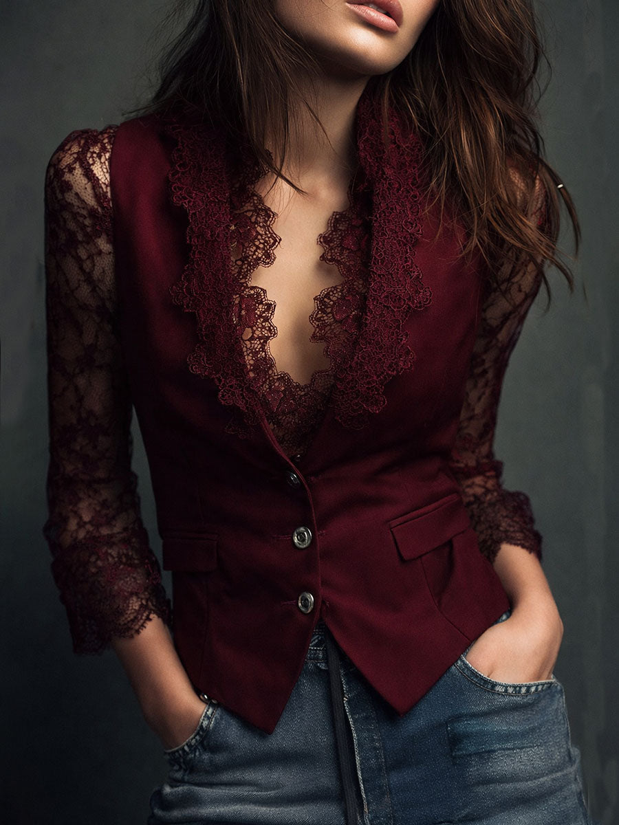 Noémie | Black Blazer Top with Sheer Sleeves