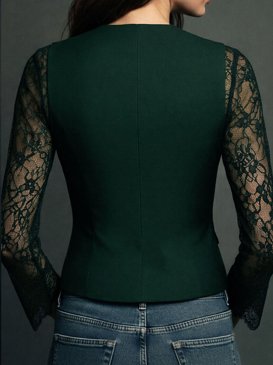 Noémie | Black Blazer Top with Sheer Sleeves