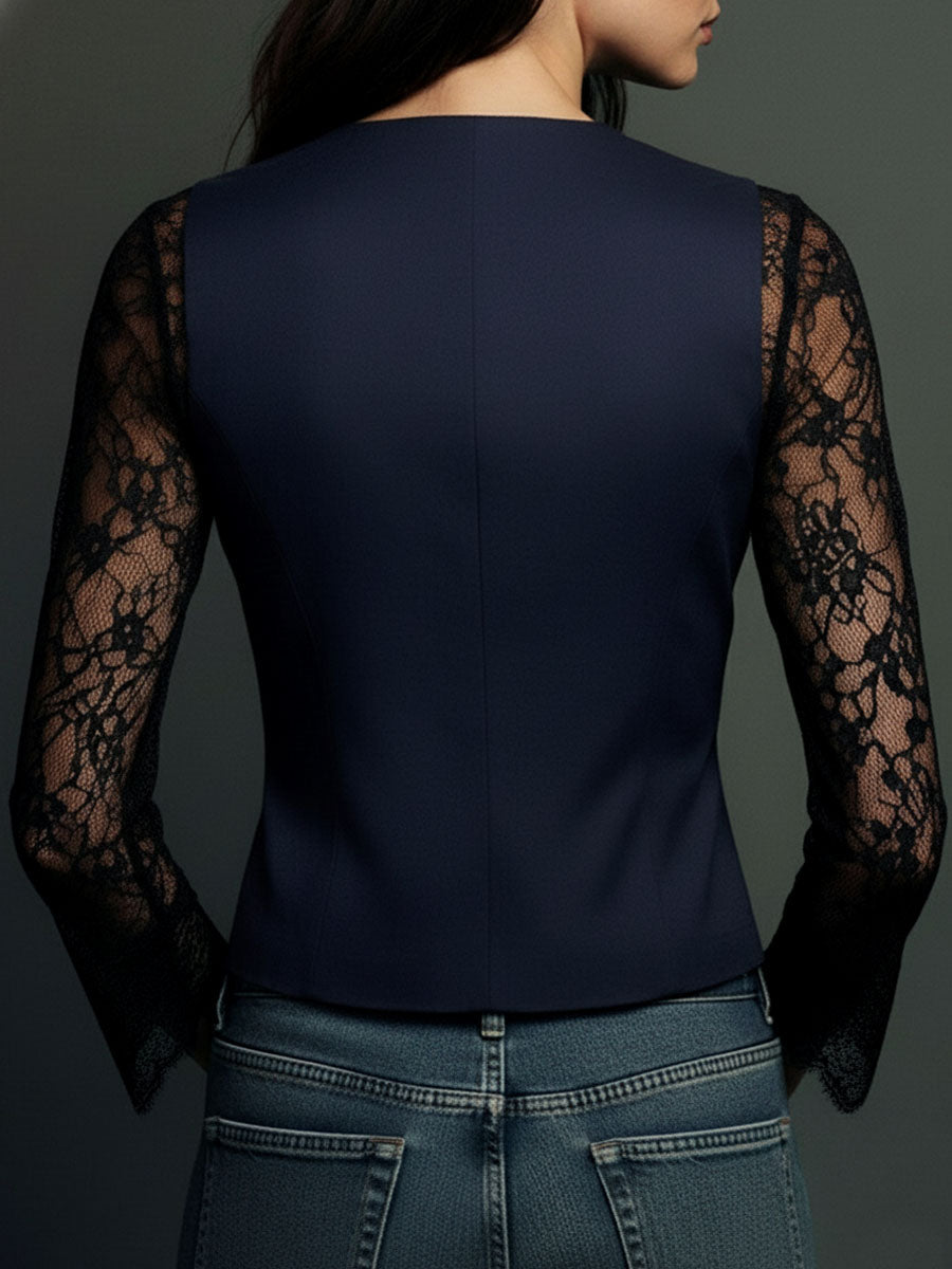 Noémie | Black Blazer Top with Sheer Sleeves