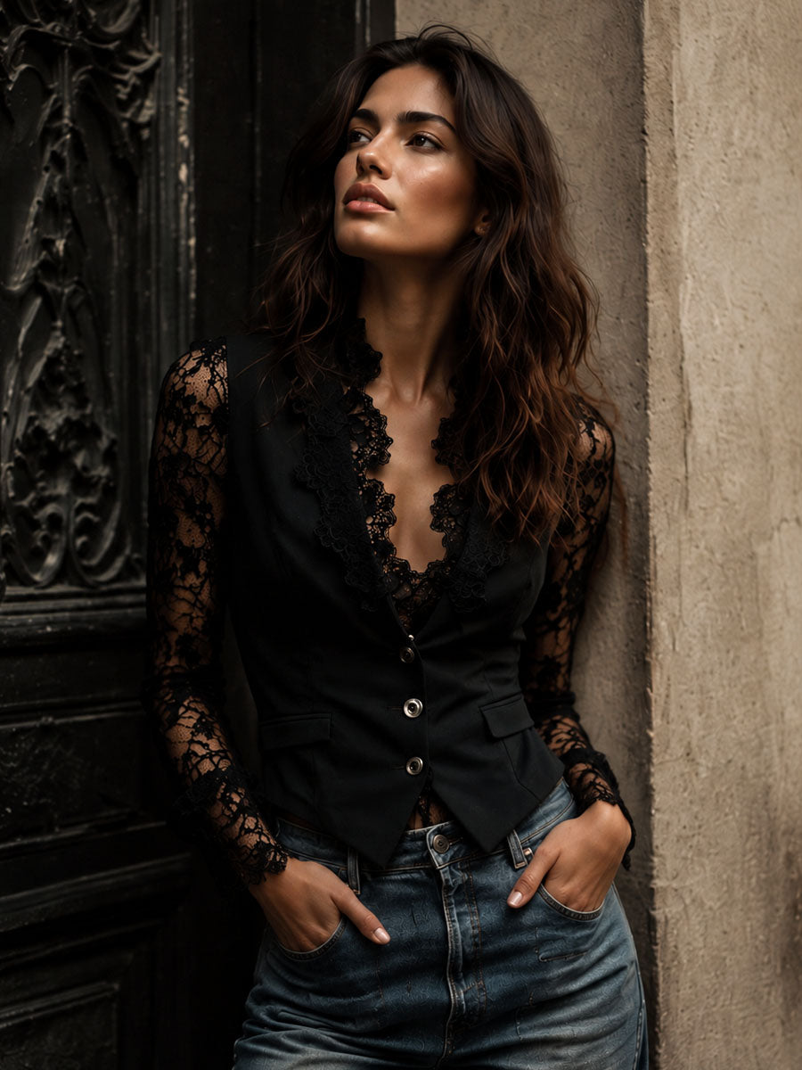Noémie | Black Blazer Top with Sheer Sleeves