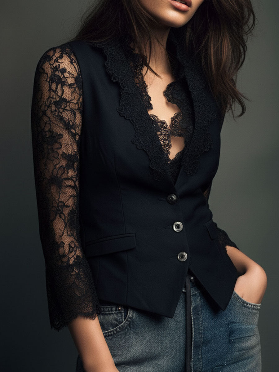Noémie | Black Blazer Top with Sheer Sleeves