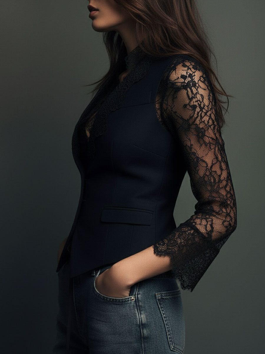 Noémie | Black Blazer Top with Sheer Sleeves