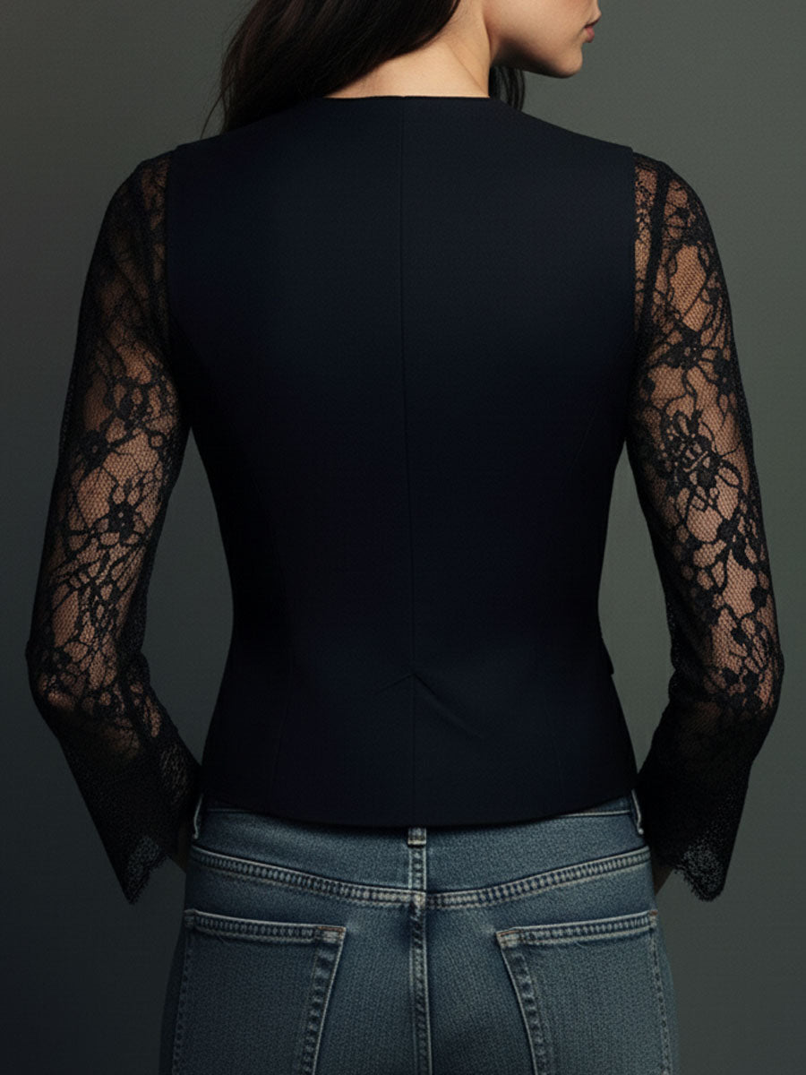 Noémie | Black Blazer Top with Sheer Sleeves