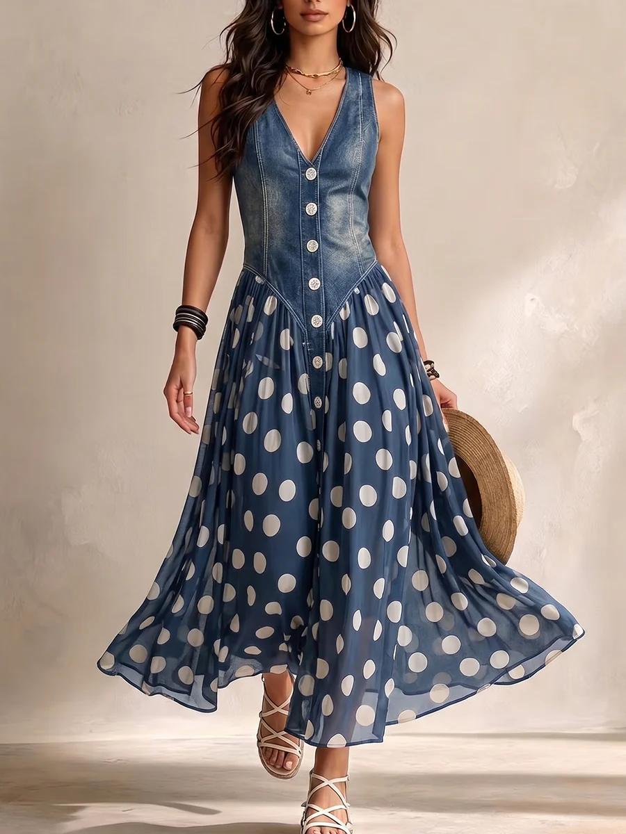 Adeline | Denim Maxi Dress with Polka Dots