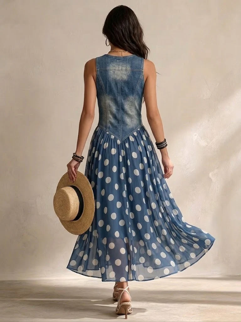 Adeline | Denim Maxi Dress with Polka Dots