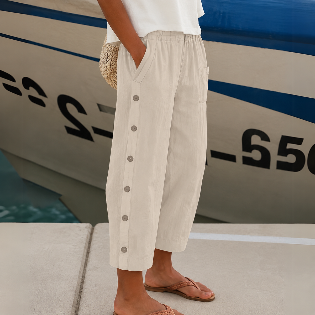 Elara™ Coastal Breeze Button Trousers