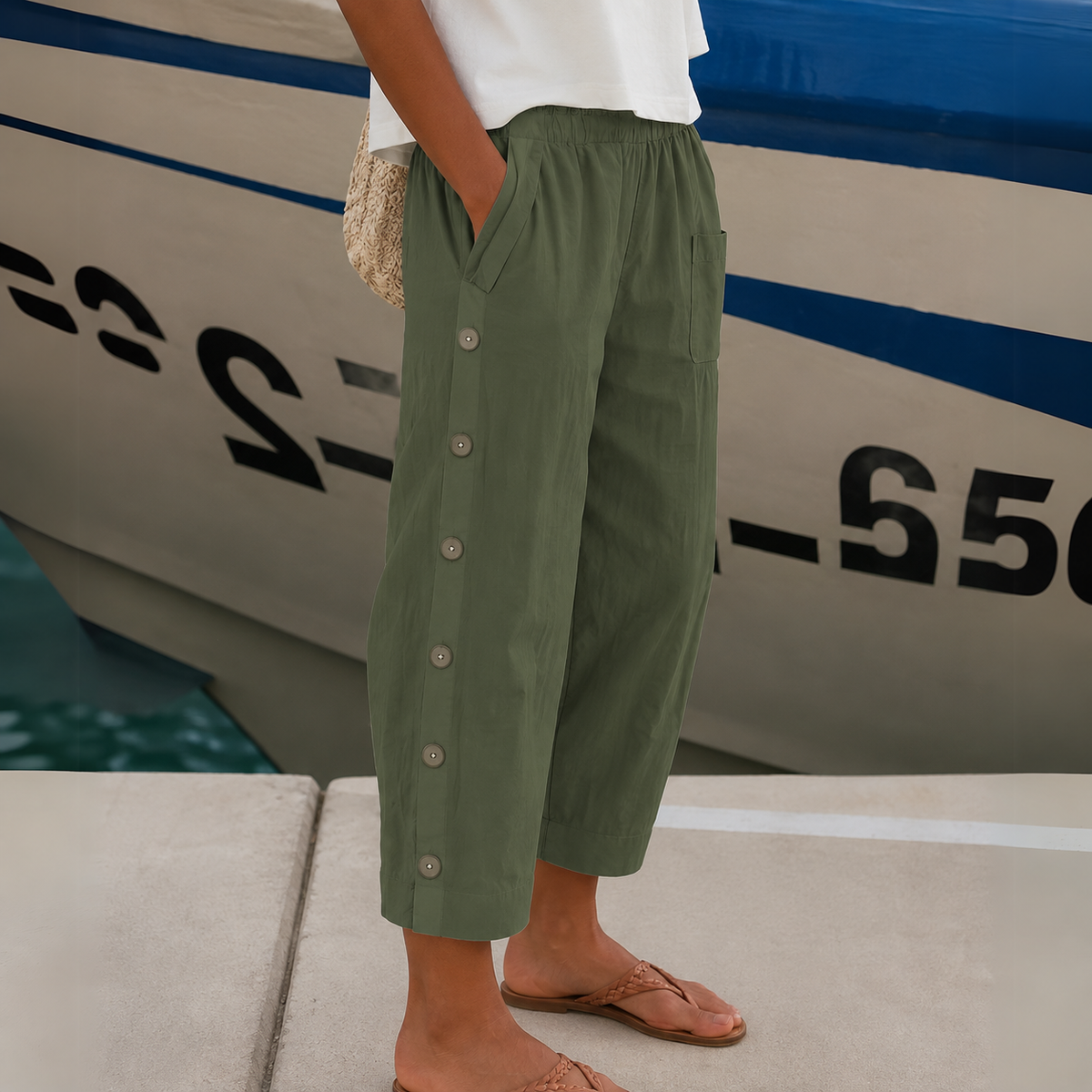 Elara™ Coastal Breeze Button Trousers