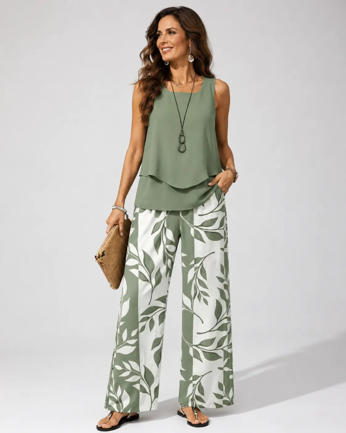 Petronila™ | Sage Green Botanical Blouse and Trouser Set