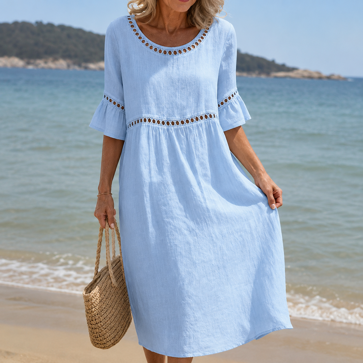 Hélène | Long Cotton and Linen Dress with Flat-Stomach Effect