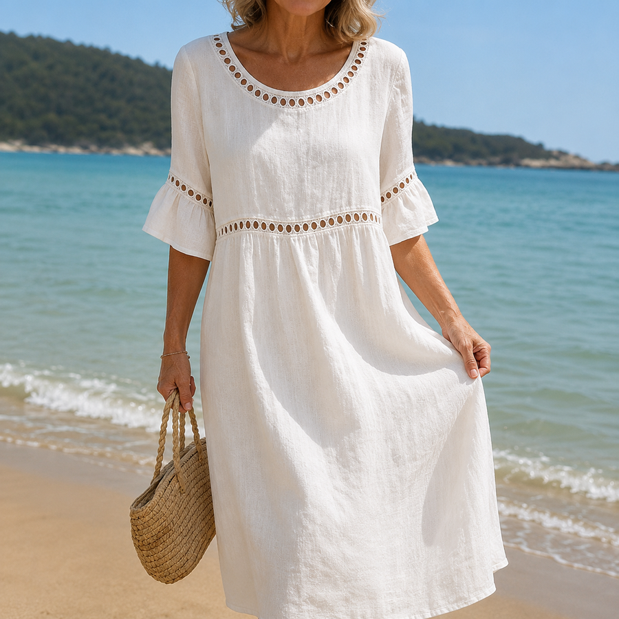 Hélène | Long Cotton and Linen Dress with Flat-Stomach Effect