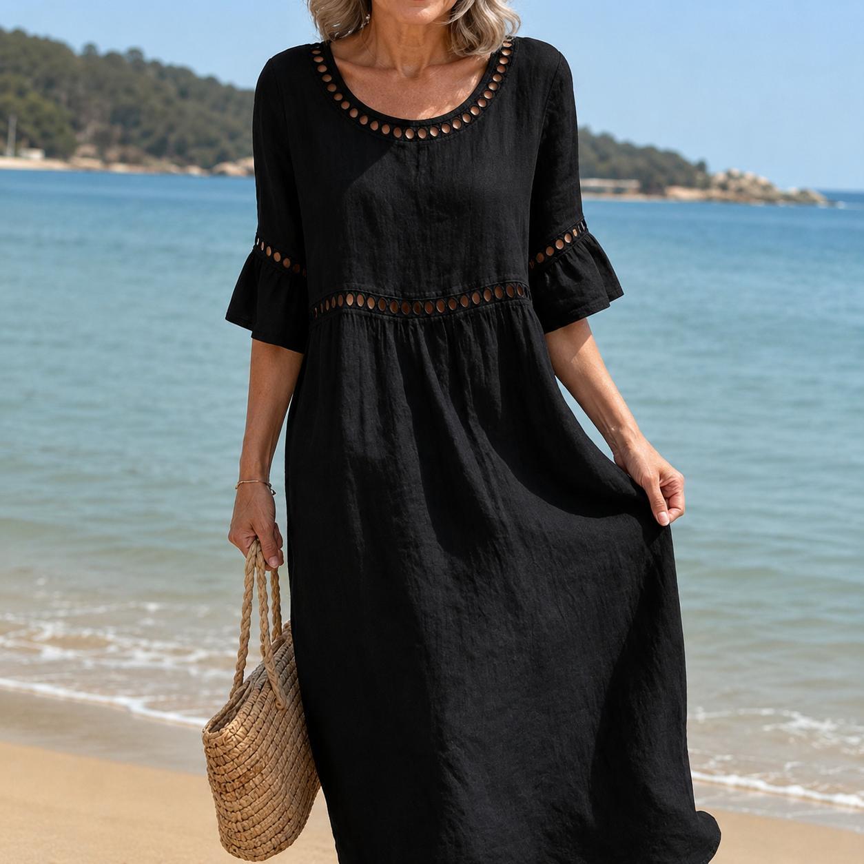 Hélène | Long Cotton and Linen Dress with Flat-Stomach Effect