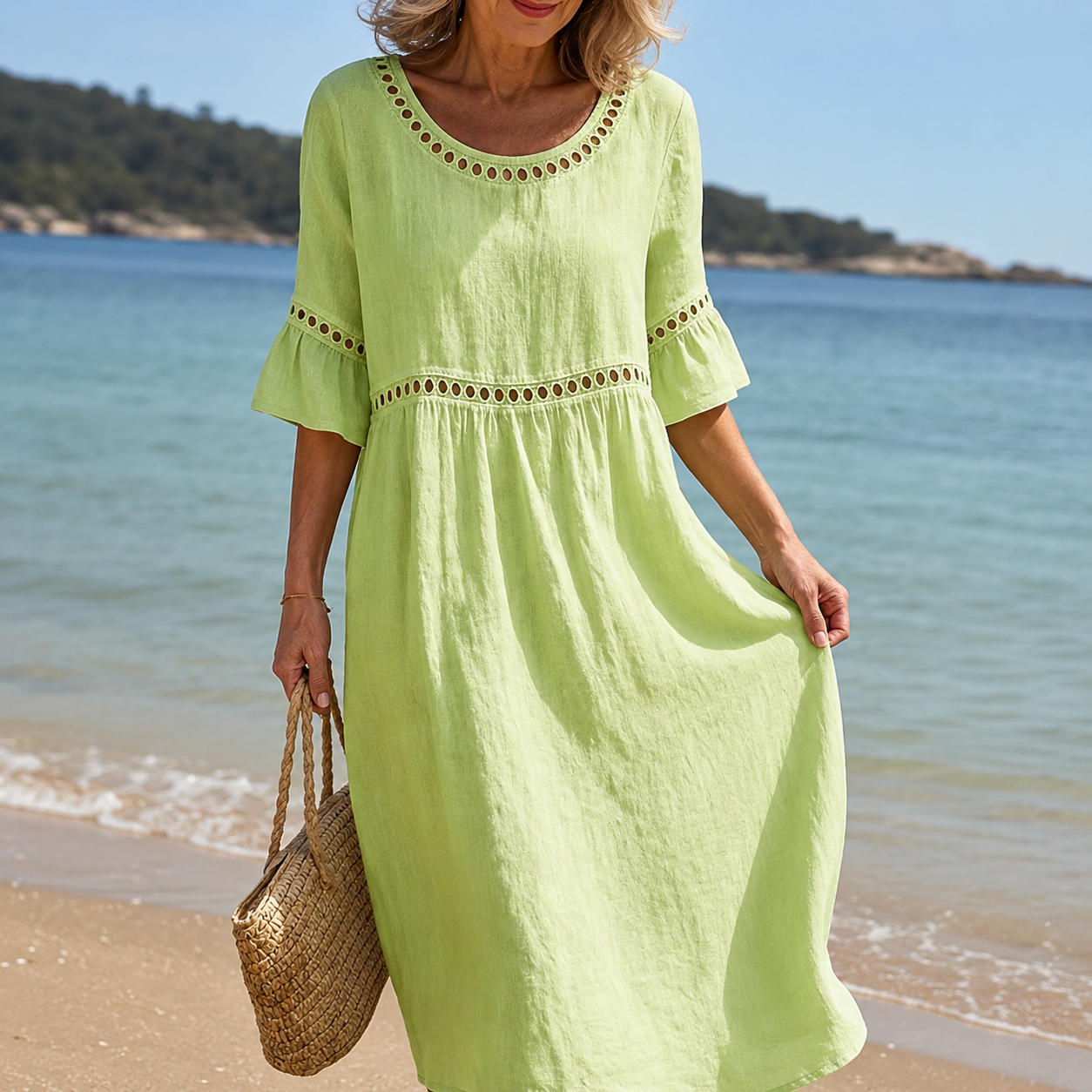 Hélène | Long Cotton and Linen Dress with Flat-Stomach Effect