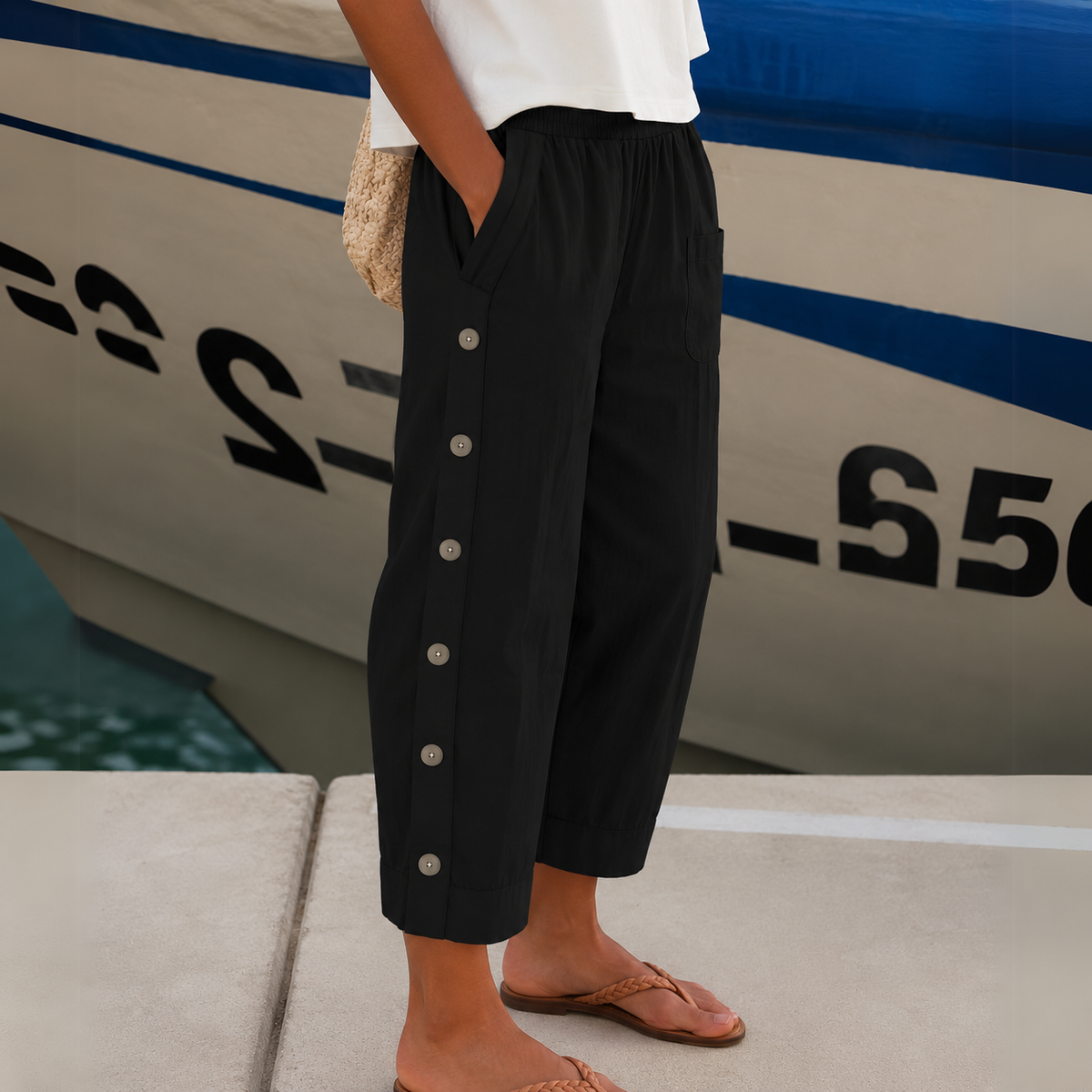 Elara™ Coastal Breeze Button Trousers