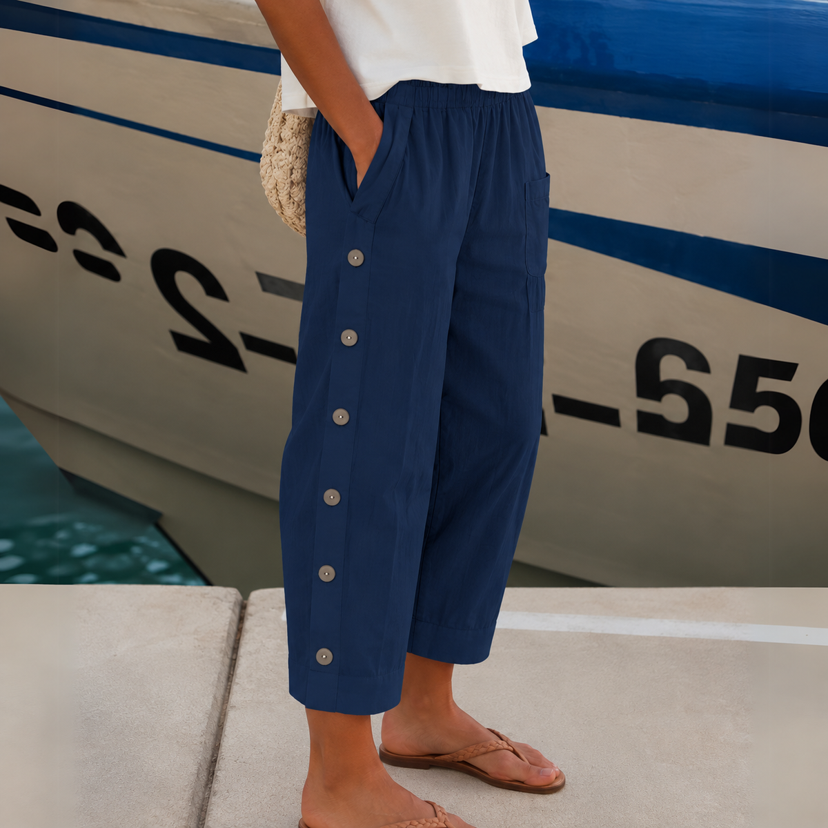 Elara™ Coastal Breeze Button Trousers