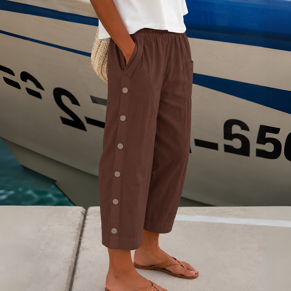 Elara™ Coastal Breeze Button Trousers