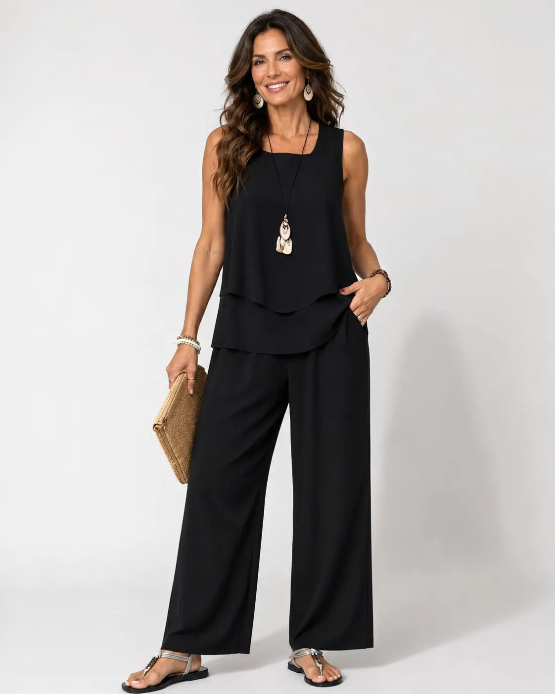 Eloísa™ | Black Layered Top and Wide-Leg Trouser Set