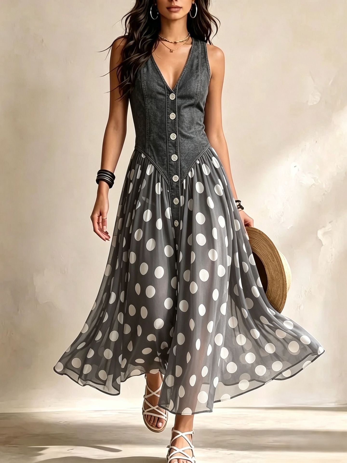 Adeline | Denim Maxi Dress with Polka Dots