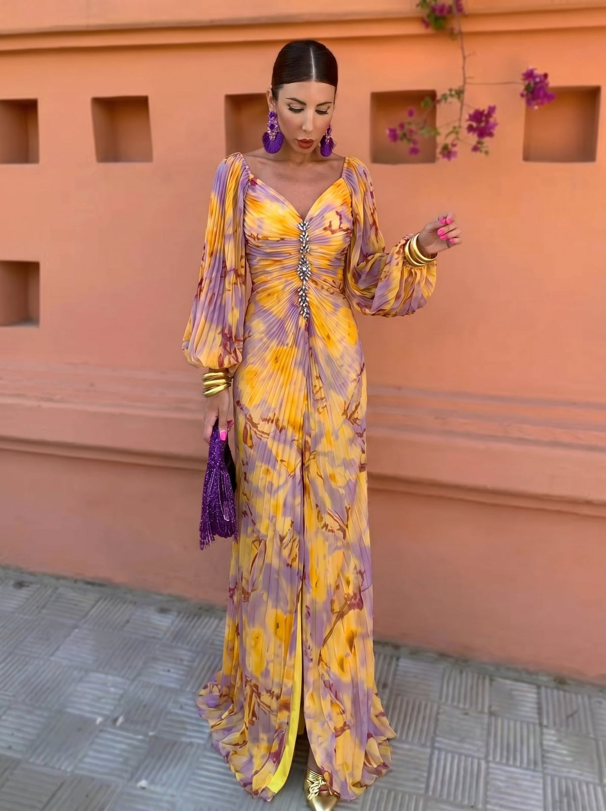 Gregoria™ | Long Floral Dress with Elegant V-Neckline
