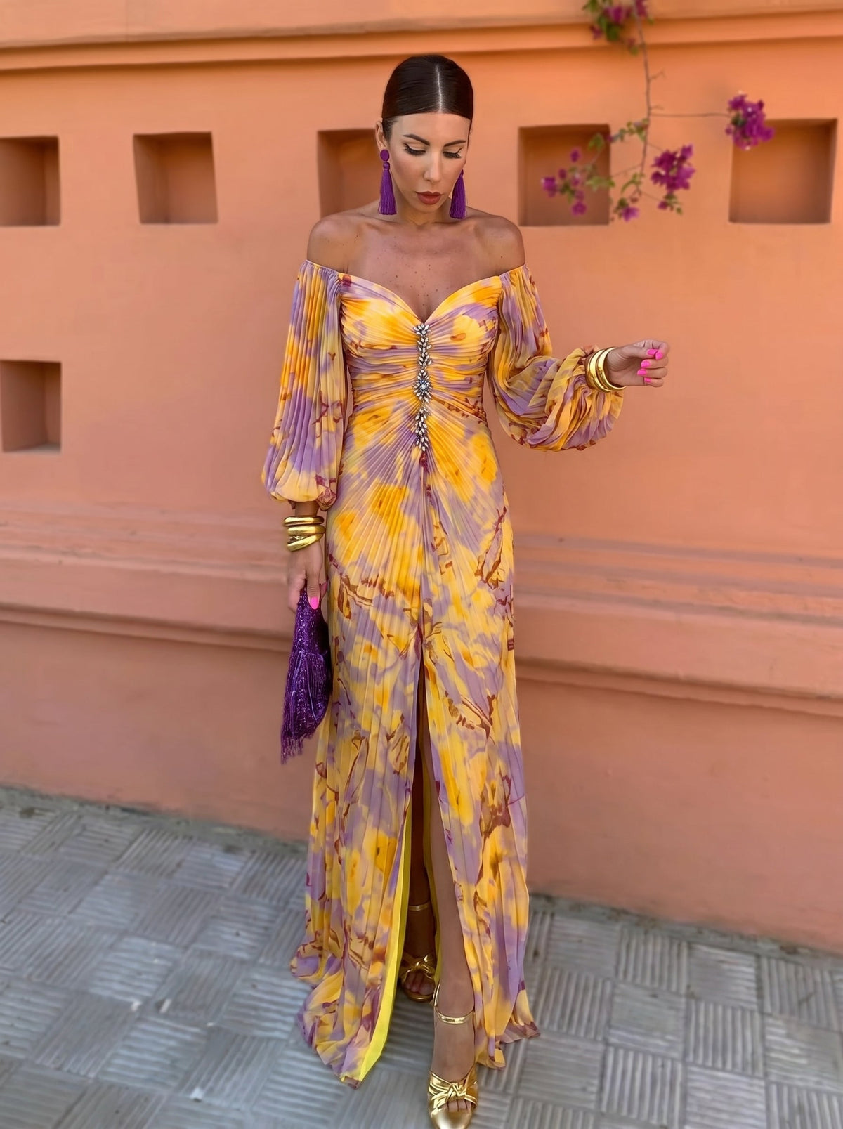Gregoria™ | Long Floral Dress with Elegant V-Neckline