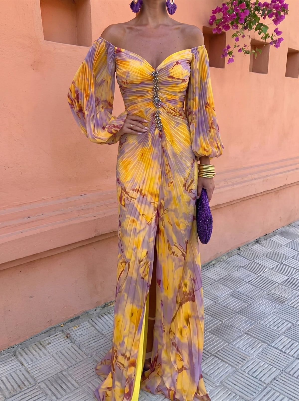 Gregoria™ | Long Floral Dress with Elegant V-Neckline