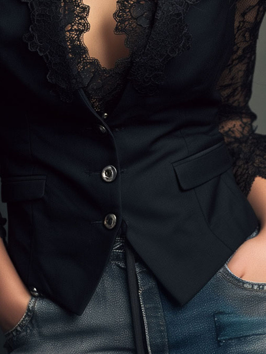 Noémie | Black Blazer Top with Sheer Sleeves