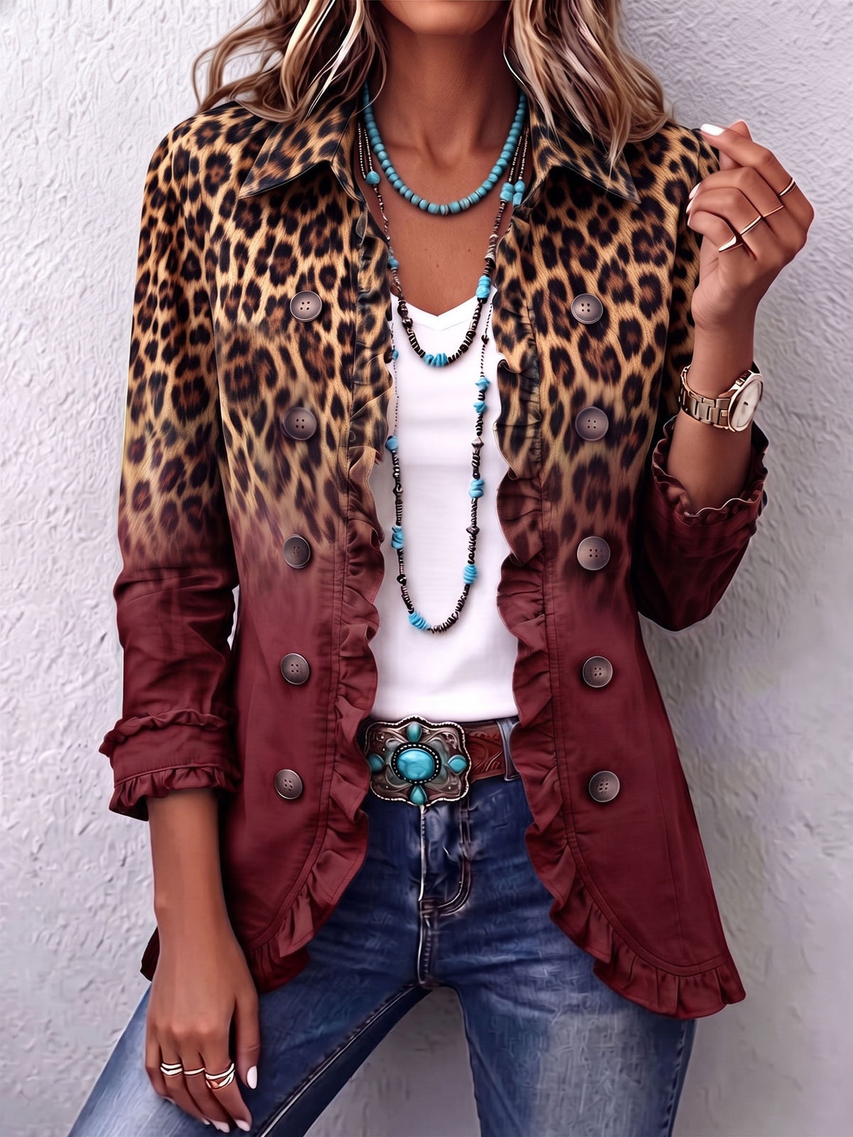 Cassandre | Gradient Leopard Print Ruffle Blazer