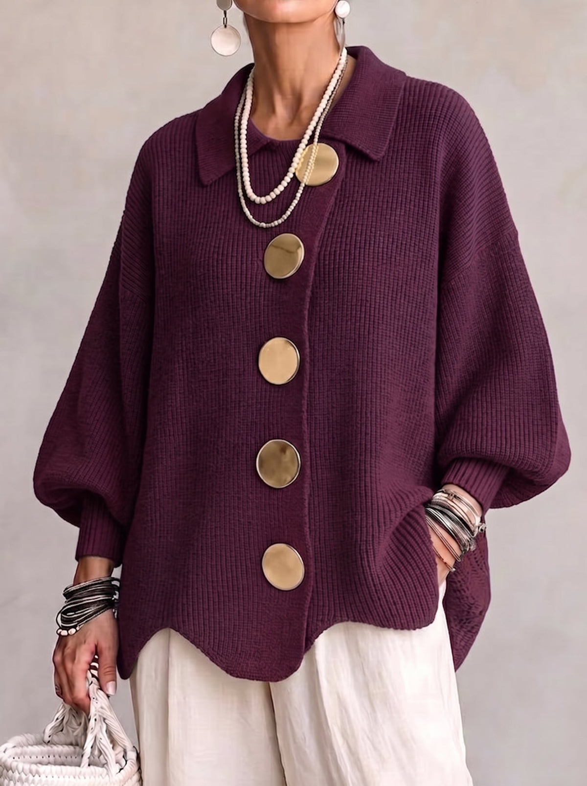 Isadora | Collared Cardigan With Large Metal Buttons