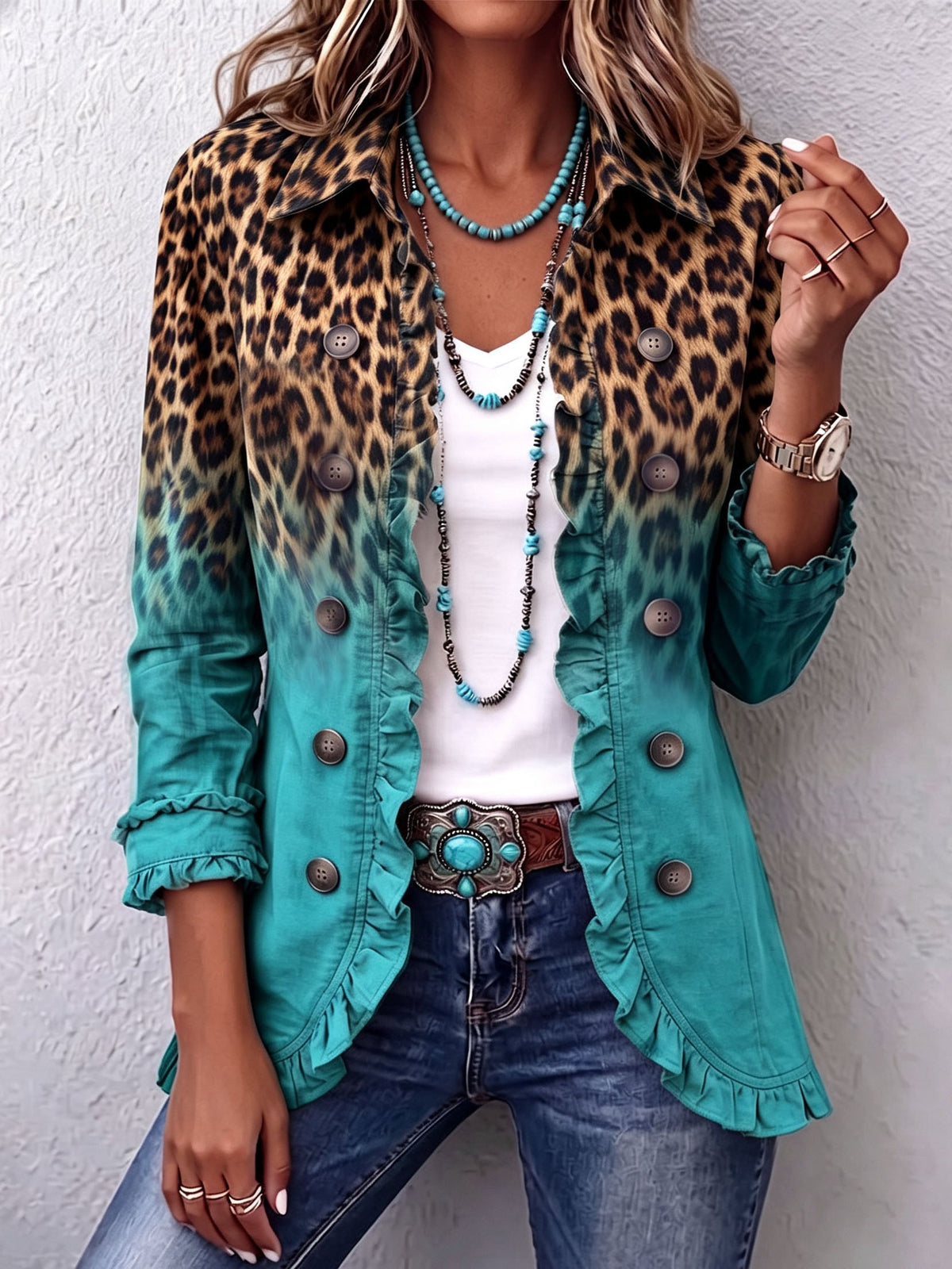 Cassandre | Gradient Leopard Print Ruffle Blazer
